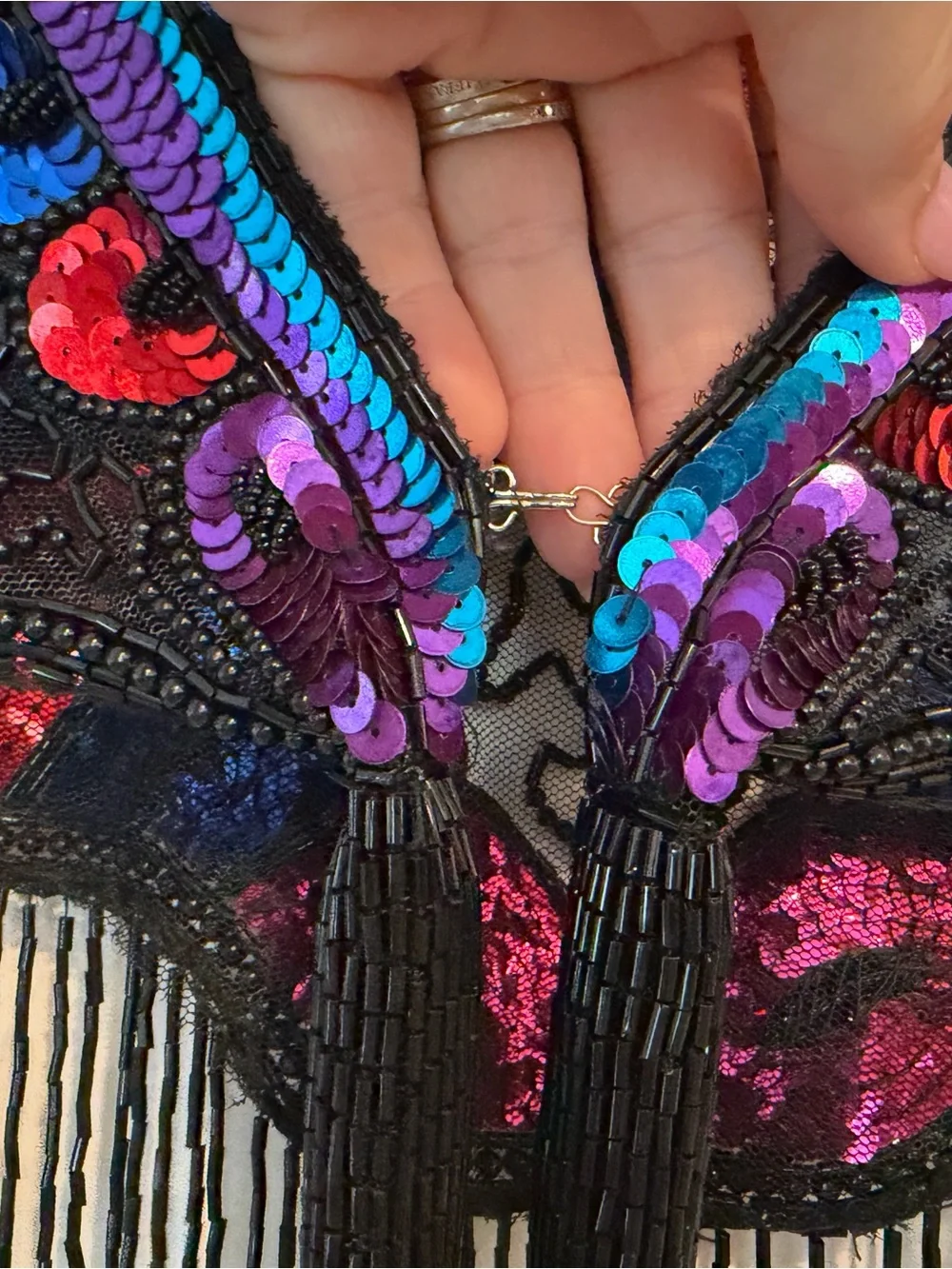 Vintage multicolor sequined & beaded fringe capelet collar / shoulder necklace